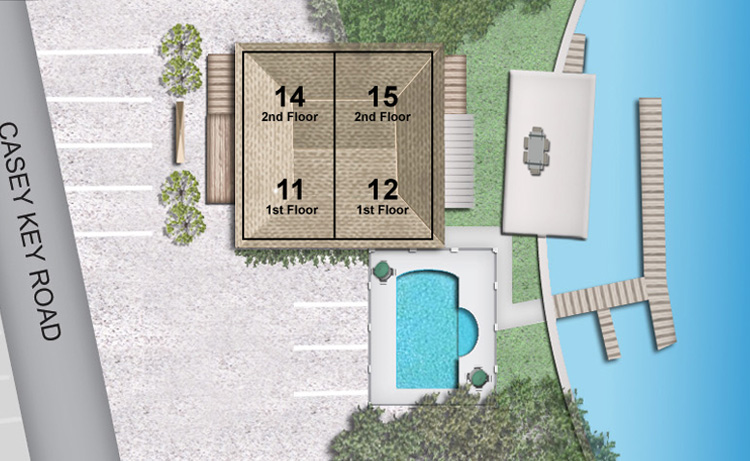 An illustration of building 3, pool area, patio area and boat docks